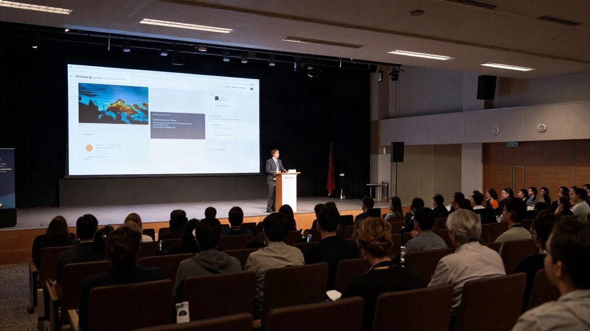 Illustrative image: a modern empty auditorium with screens displaying graphics about artificial intelligence.