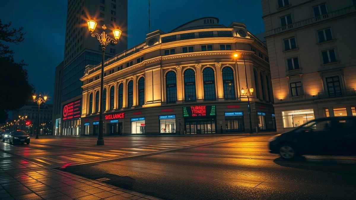 Fachada nocturna de la Bolsa de Valores de Ho Chi Minh con luces de neón y un panel digital de cotizaciones