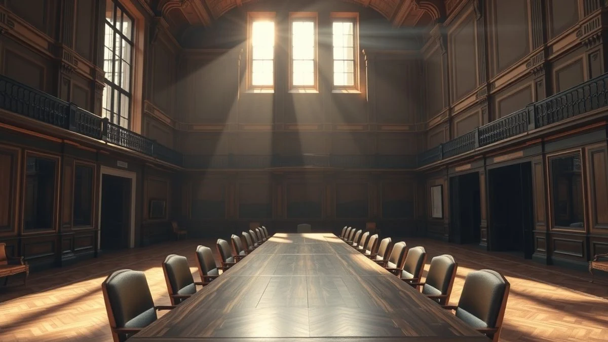 Imagen ilustrativa: una sala de reuniones vacía con mesa de madera y luz natural, que evoca cambios en una institución
