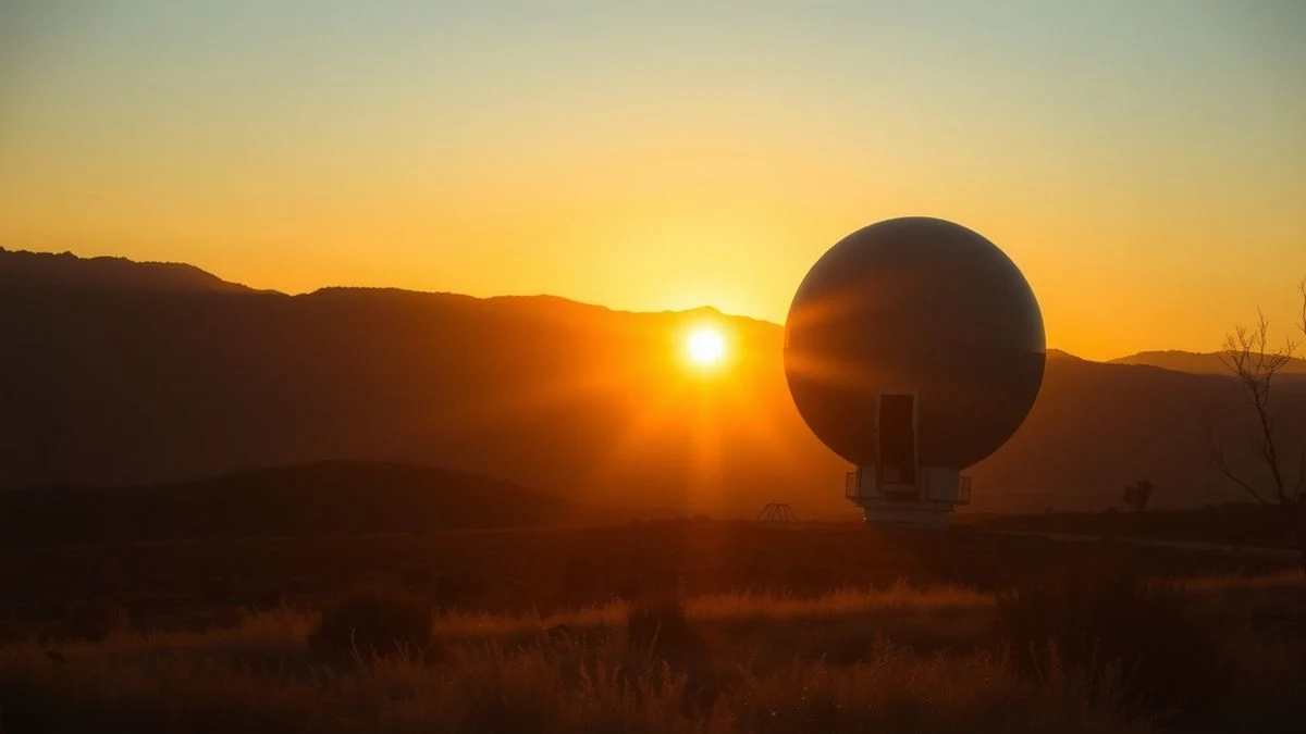Imagen ilustrativa: detector de muones en un paisaje minero al atardecer, con siluetas y sombras largas.