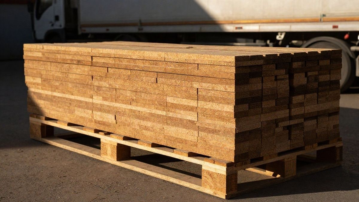 Illustrative image: stacked cork sheets on a pallet in a yard, with a blurred truck in the background
