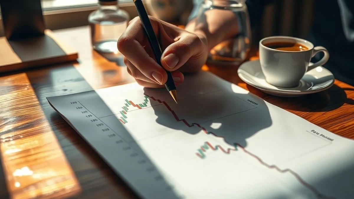 Imagen ilustrativa: una mano con bolígrafo sobre un gráfico financiero impreso en una mesa de madera, con luz lateral de ventana