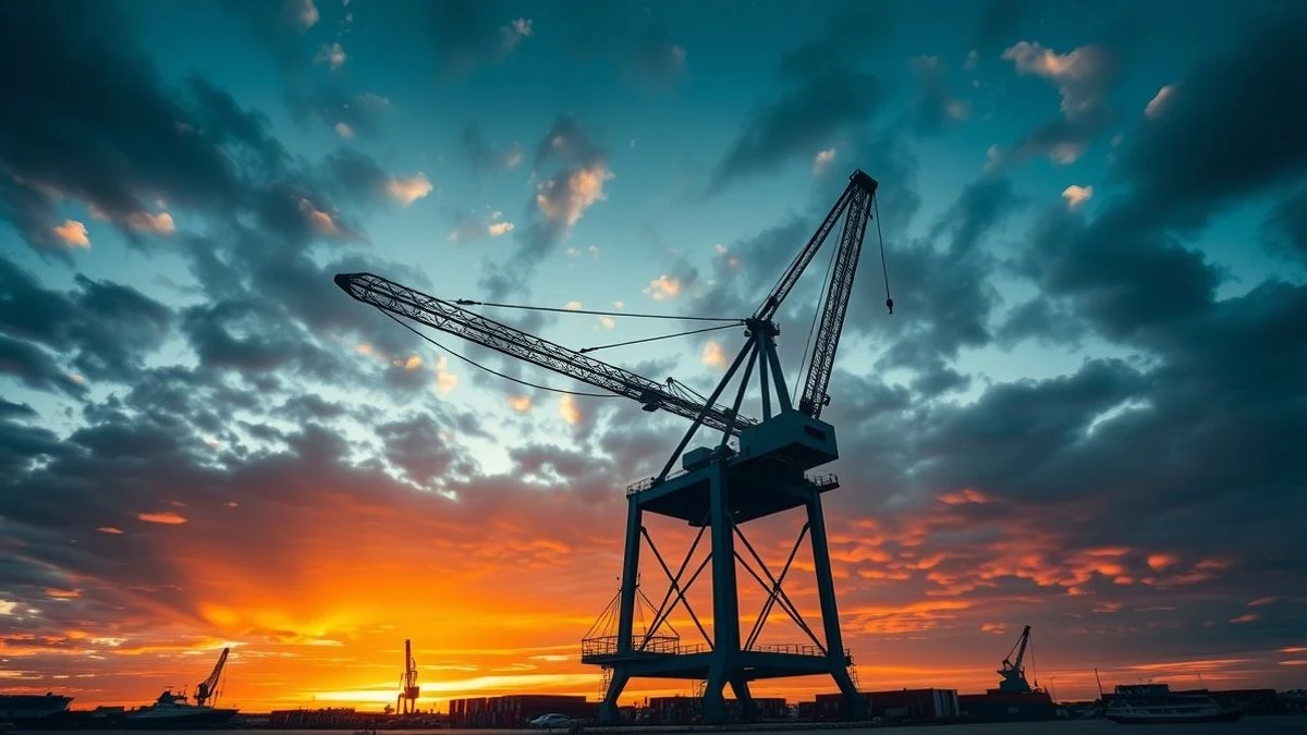 Imagen ilustrativa: grúa portuaria recortada contra un cielo naranja al atardecer, con el río de fondo y siluetas de naves industriales.
