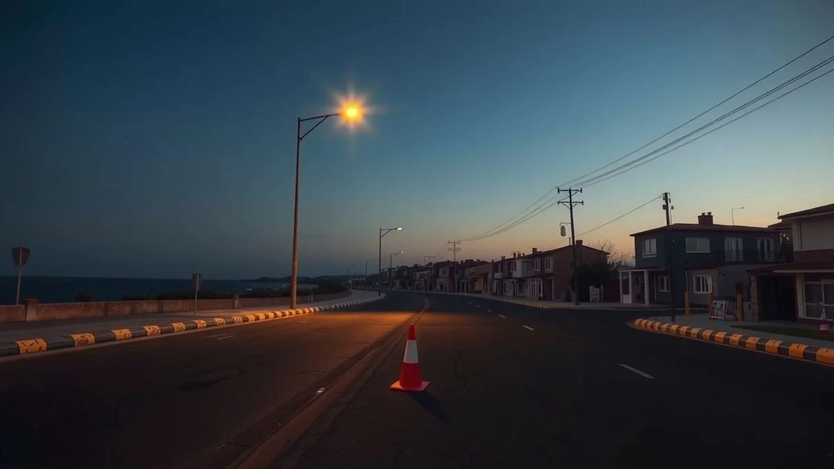 Imagen ilustrativa: calle vacía de un pueblo costero al atardecer, con una barrera de desvío y una farola encendida.
