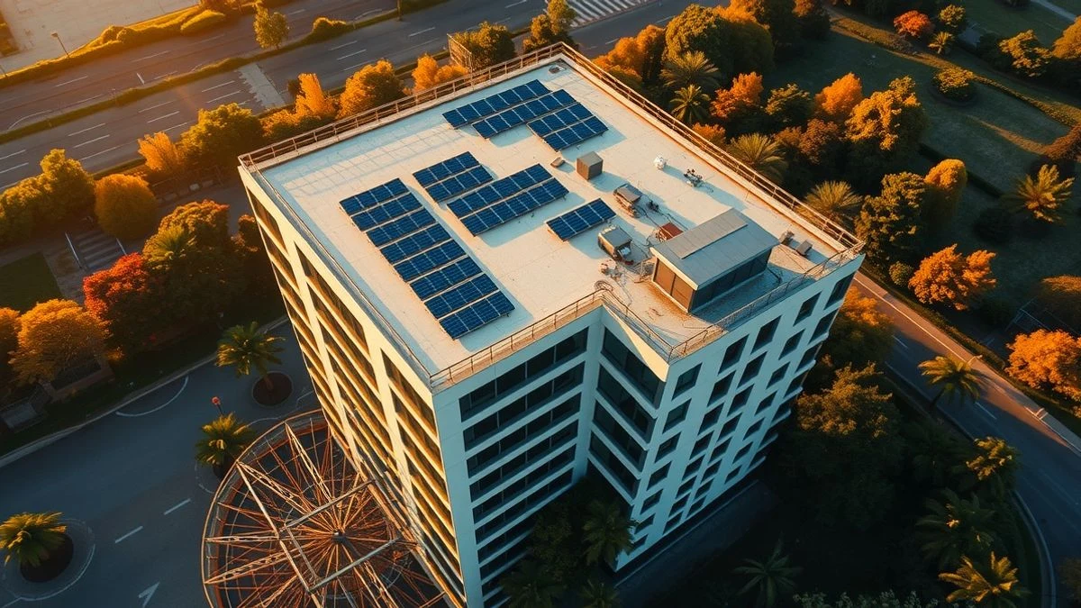 Imagen ilustrativa: vista cenital de un edificio de oficinas moderno con paneles solares en la azotea, rodeado de zonas verdes, al atardecer.