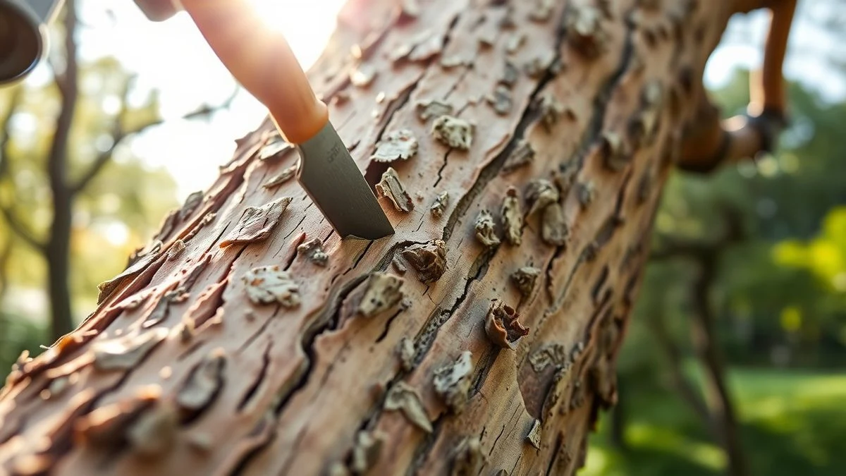 Tronco de alcornoque con el corcho recién extraído, cuchillo y corteza en el suelo del bosque.