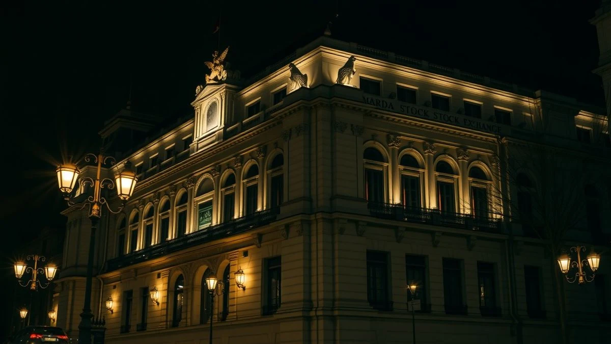 Fachada del edificio de la Bolsa de Madrid iluminada de noche con farolas y neón tenue