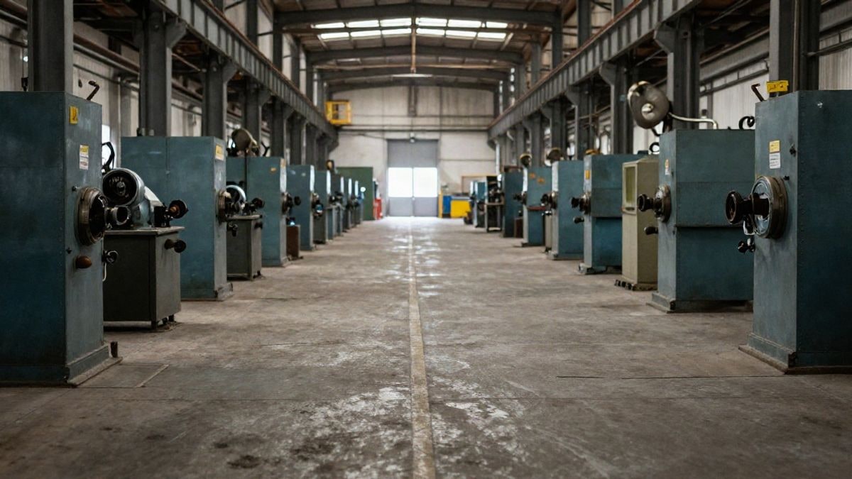 Imagen ilustrativa: un taller industrial vacío con maquinaria al fondo, representando un ambiente de huelga.
