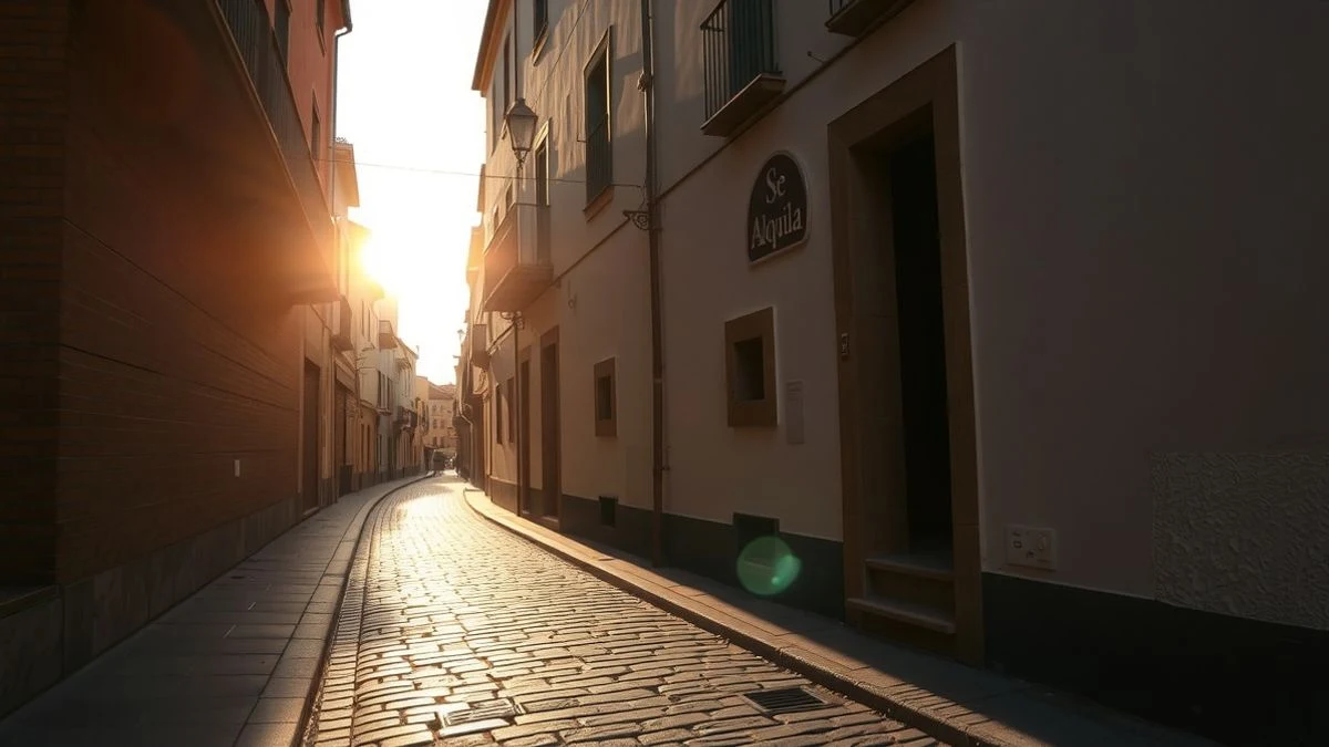Imagen ilustrativa: calle estrecha de Sevilla al atardecer con sombras largas y un cartel de 'se alquila' en una fachada encalada