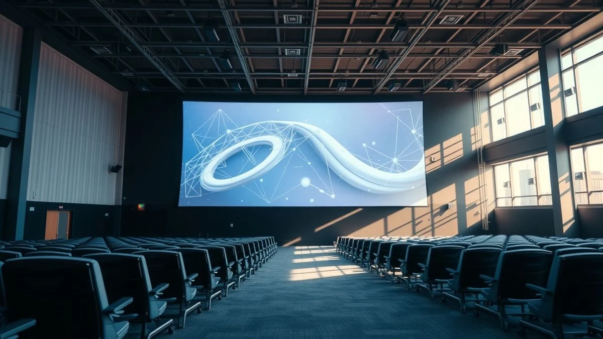 Auditorio vacío con escenario y pantalla gigante, luz natural, estilo documental