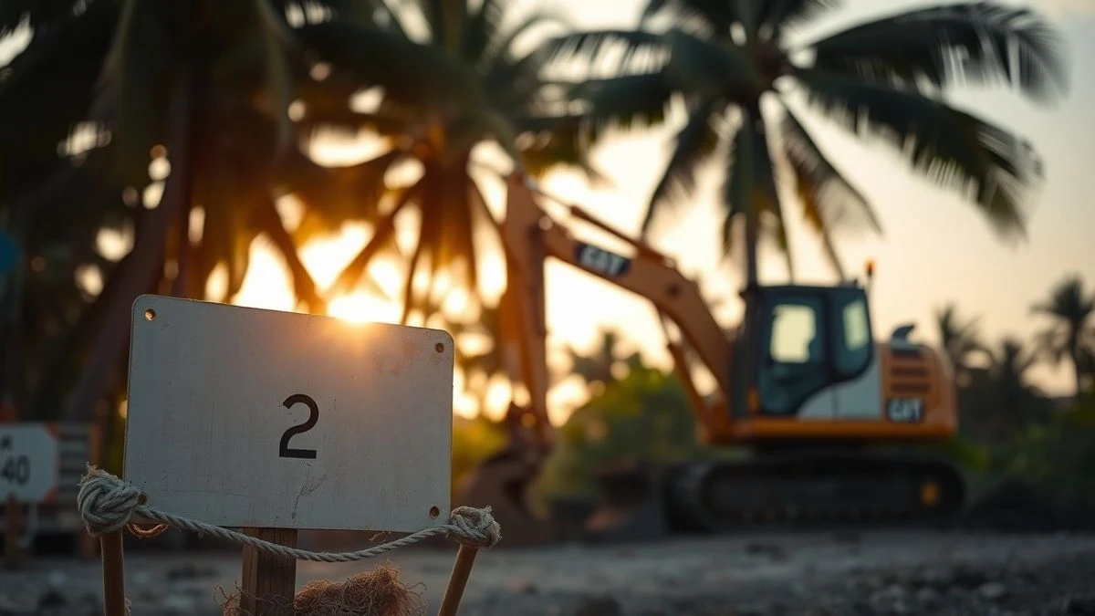 Obra de construcción con maquinaria y cartel de Villahermosa 2030 al atardecer