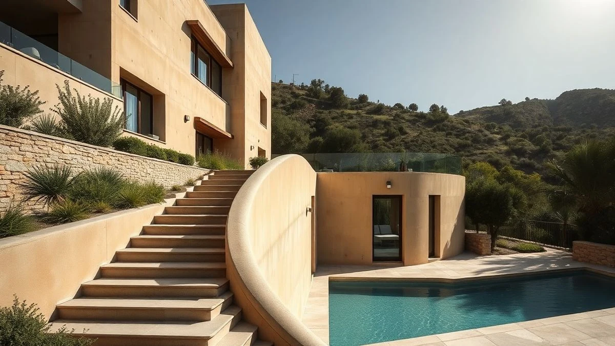 Fachada de hormigón amarillo de una casa escalonada en una colina, con escalera que baja a un patio hundido y piscina infinita al fondo.