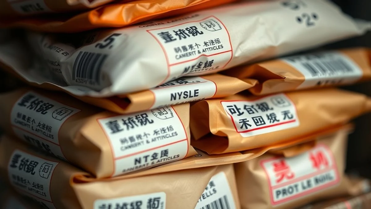 Primer plano de paquetes pequeños con etiquetas chinas y sellos de aduanas