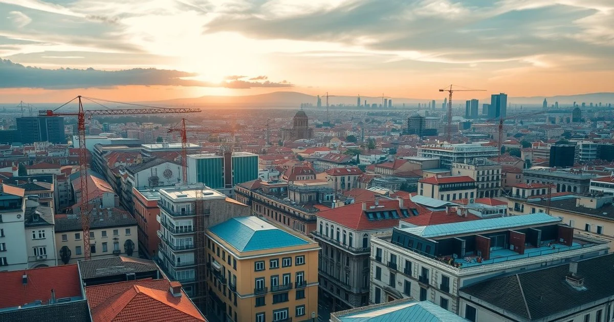 Vista aérea de una ciudad española con grúas y obras de construcción al atardecer