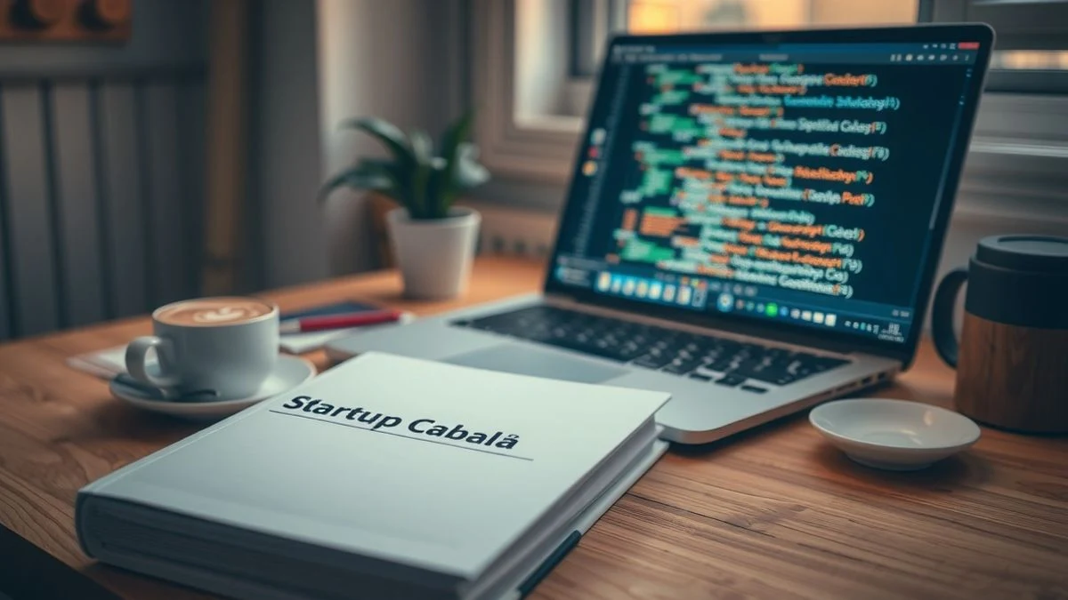 Un libro titulado 'Startup Cabalá' sobre una mesa de madera junto a un portátil con código de IA, una taza de café y una pequeña planta, con luz natural cálida.