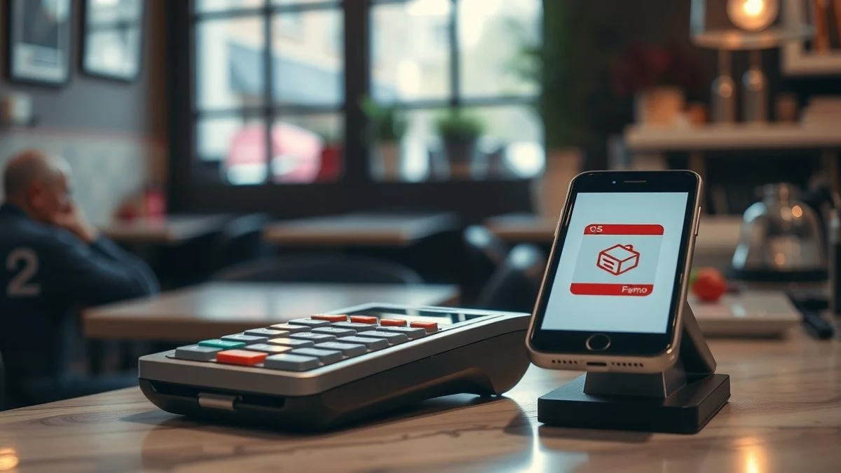 Primer plano de un terminal de pago digital con un teléfono móvil mostrando la pantalla de pago del euro digital, en el mostrador de una cafetería con luz natural