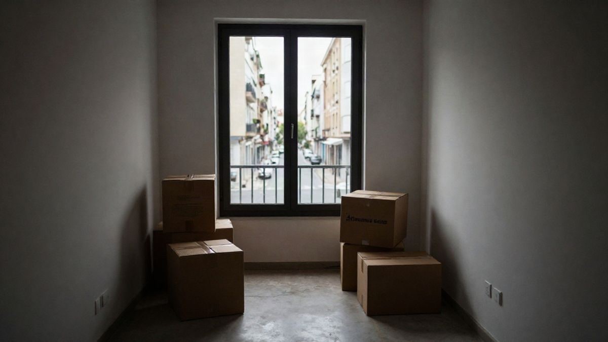 Imagen ilustrativa: un apartamento vacío con cajas de mudanza y una ventana que da a la calle, simbolizando la crisis de la vivienda en España.