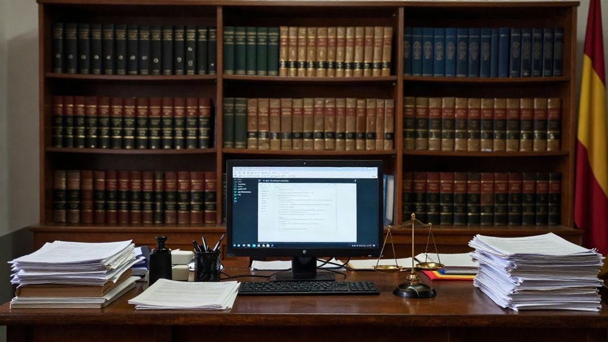 Illustrative image: a generic legal office environment with shelves and legal documents, emphasising technology and artificial intelligence in the legal field.
