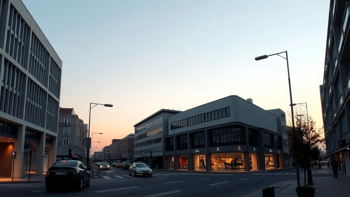 Imagen ilustrativa: un distrito de oficinas español al atardecer, con edificios bajos y algunas figuras lejanas caminando, transmitiendo actividad económica.