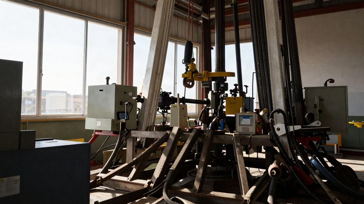 Illustrative image: oil drilling equipment at an extraction site, with natural light coming through the windows, no identifiable people or elements.