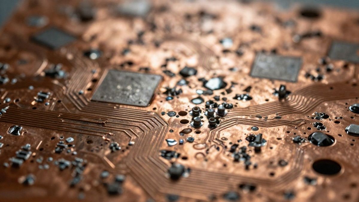 Illustrative image: fragments of copper and electronic plates with metallic reflections
