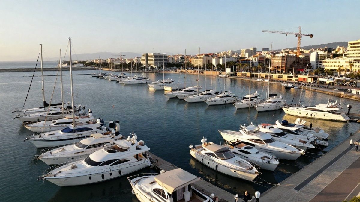 Illustrative image: aerial view of a Mediterranean marina at sunset, with boats and construction cranes in the expansion area.