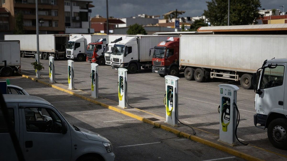 Illustrative image: wide view of a truck loading area with electric charging stations and industrial vehicles in an urban setting.