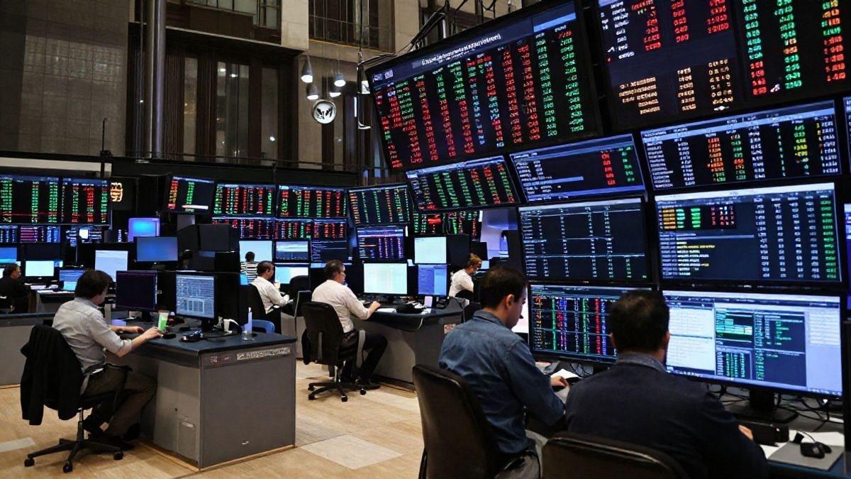 Illustrative image: panoramic view of a trading floor in a modern stock exchange, with digital screens showing stock prices and trading data.