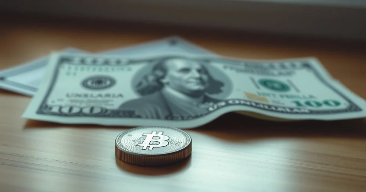 Moneda colombiana y billete de dólar sobre mesa de madera con gráfico de tendencia bajista de fondo