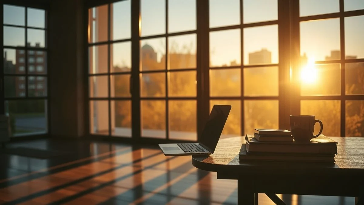 Silueta de un joven trabajando en un portátil al atardecer en un espacio de coworking moderno