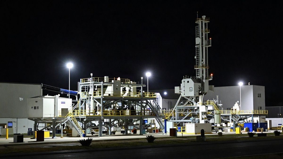 Illustrative image: night view of a satellite manufacturing facility with artificial light, representing activity in the space industry.