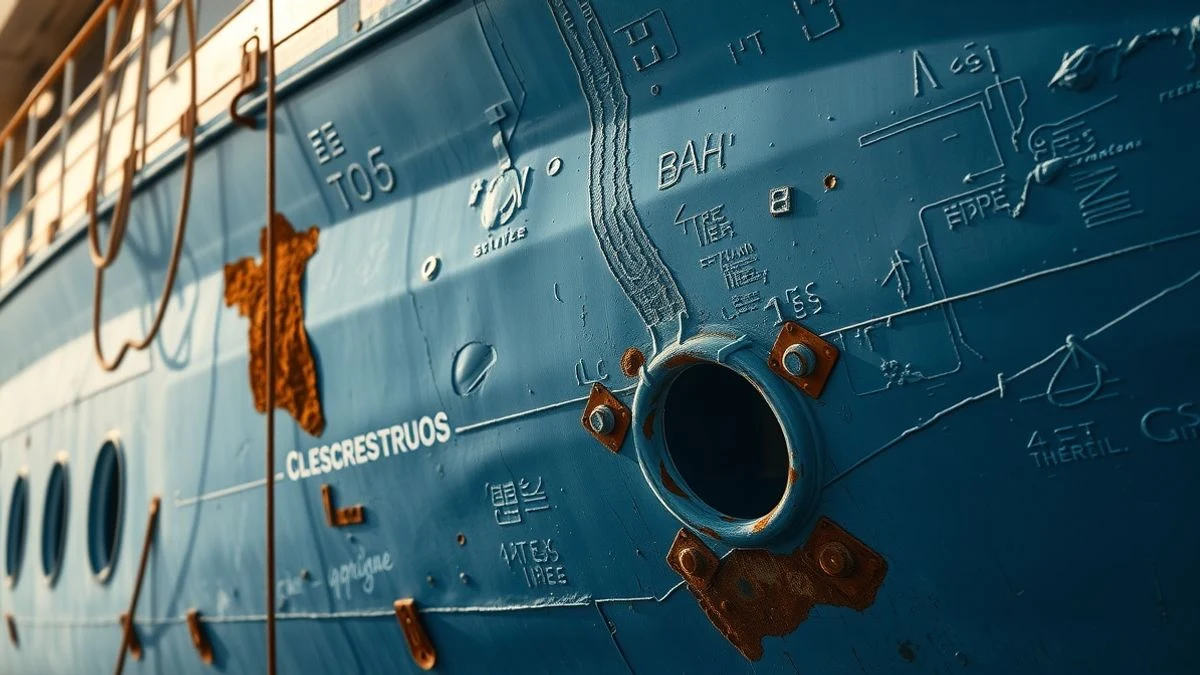Imagen ilustrativa: detalle del casco de un ferry con textura de pintura azul desgastada y óxido, iluminado por el sol de la tarde.
