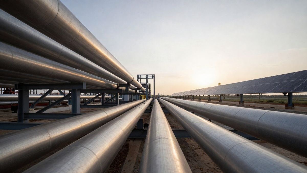 Illustrative image: wide-angle view of pipes and industrial structures of a renewable energy plant under construction