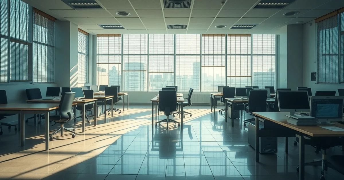Oficina vacía con mesas y sillas, luz de tarde entrando por persianas, ambiente laboral