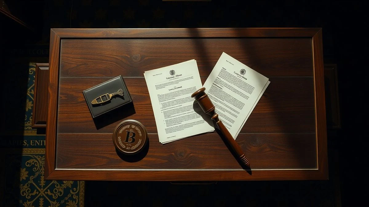 Vista cenital de un escritorio del Senado con documentos y un mazo
