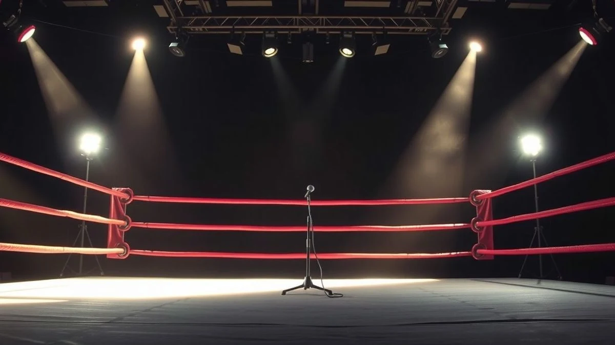Imagen ilustrativa: ring de boxeo vacío con focos de escenario y un micrófono en el centro, ambiente de espectáculo nocturno.