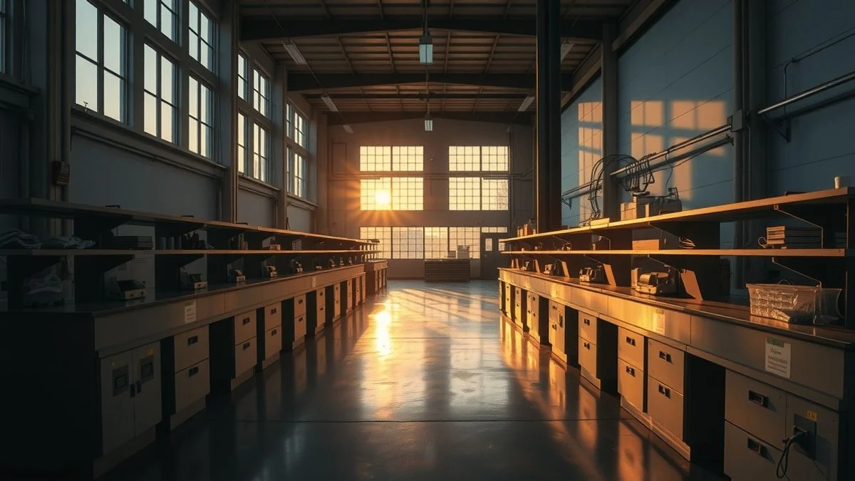 Imagen ilustrativa: interior de un laboratorio industrial vacío al atardecer, con equipos científicos y sombras largas
