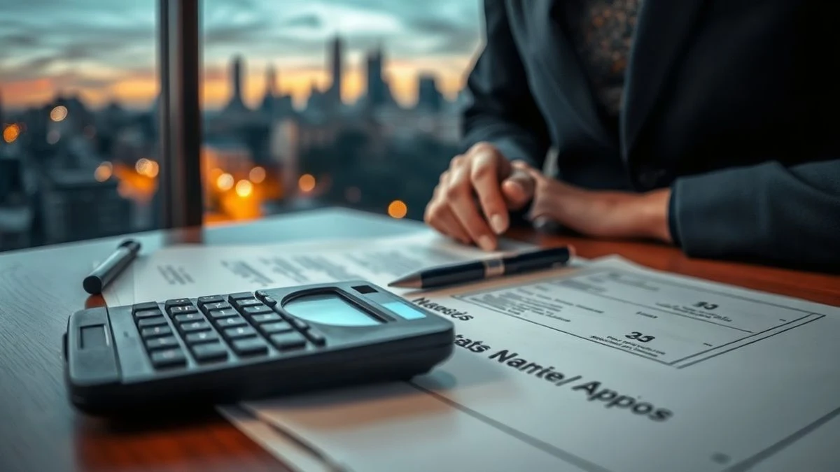 Imagen ilustrativa: una lupa sobre documentos fiscales y una calculadora en una mesa, con la ciudad de fondo desenfocada.