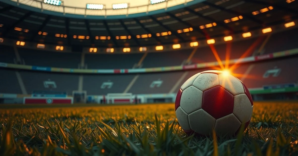 Balón de fútbol sobre el césped de un estadio vacío al atardecer, con la portería al fondo
