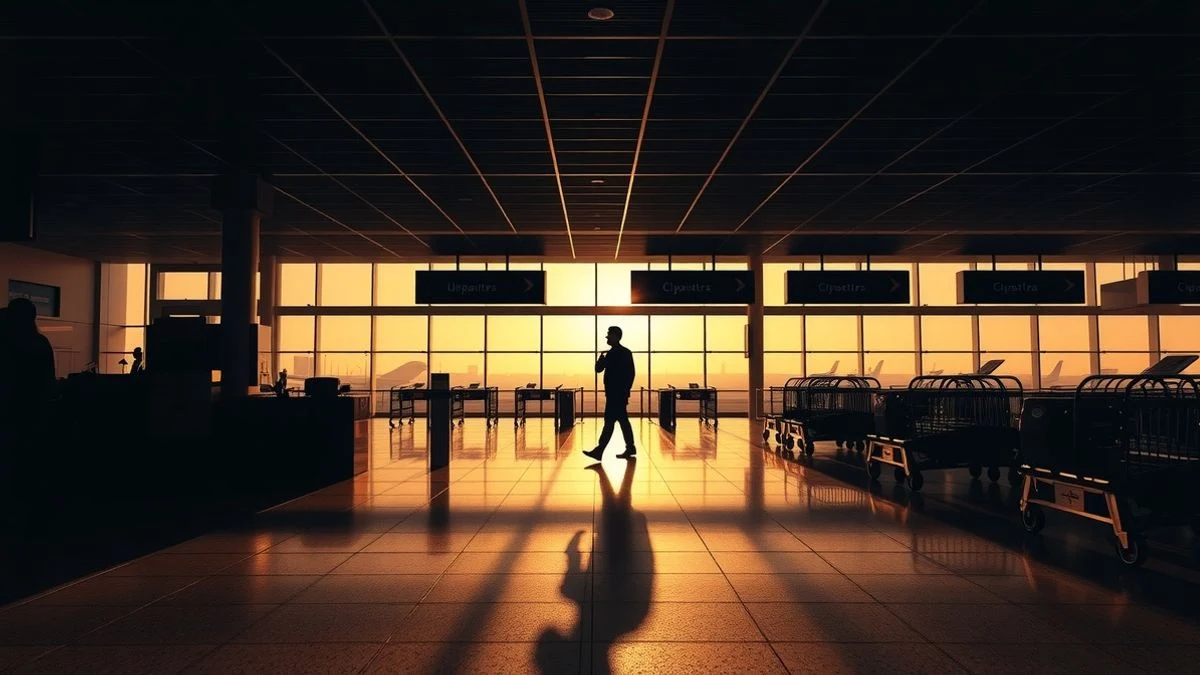 Aeropuerto vacío con luz de atardecer y sombras largas, mostrando mostradores de facturación y una puerta de embarque
