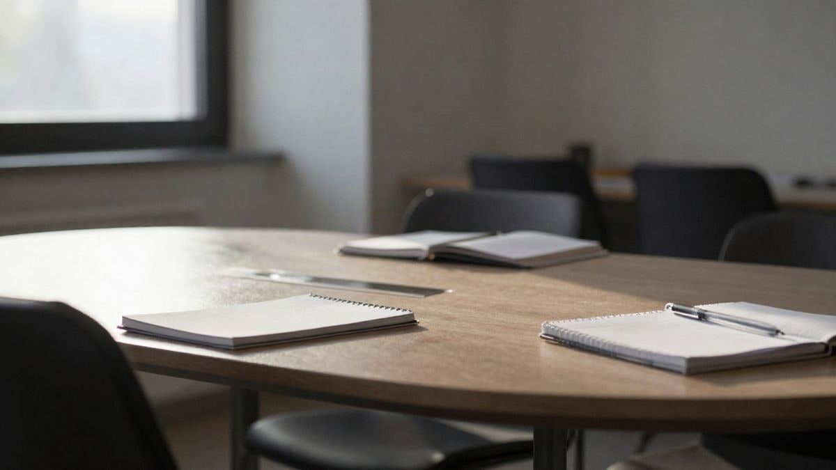 Illustrative image: meeting table with empty chairs and work materials in a bright room