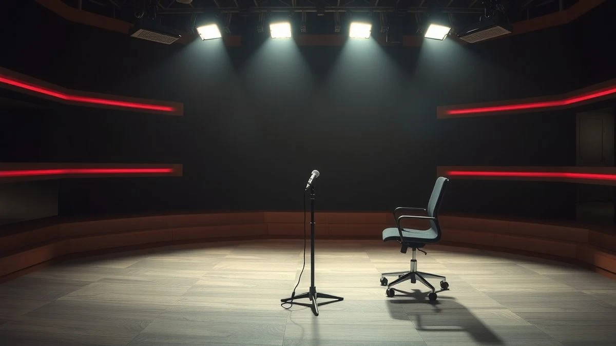 Plató de televisión vacío con micrófono y silla, iluminación dramática