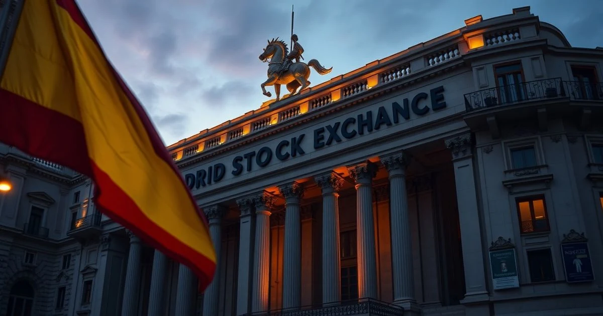 Fachada del edificio de la Bolsa de Madrid al atardecer