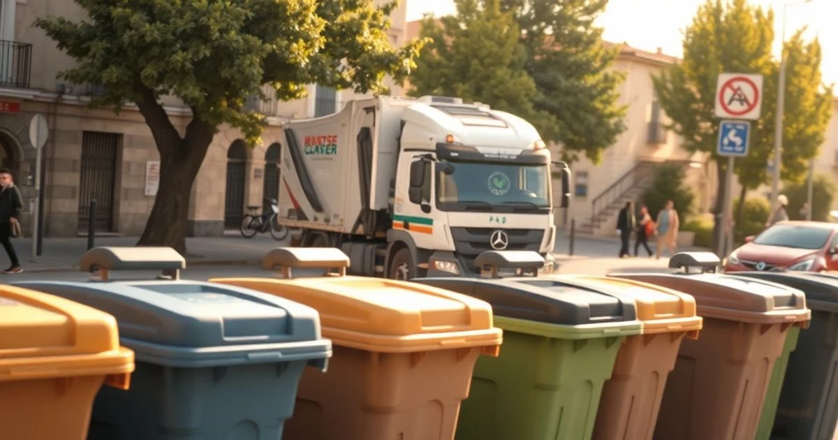 Camión de recogida de basura en una calle de Las Palmas de Gran Canaria con contenedores de reciclaje