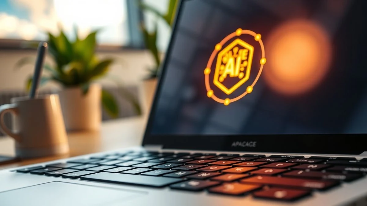 Imagen ilustrativa: primer plano de un teclado de ordenador con un icono de inteligencia artificial brillando en la pantalla, luz cálida, fondo de oficina desenfocado