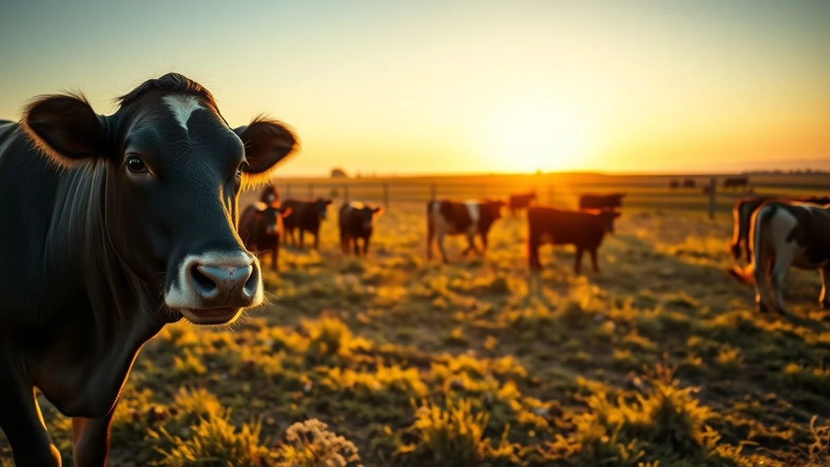 Imagen ilustrativa: plano general de una explotación ganadera al atardecer, con una vaca en un extremo y amplio espacio vacío.