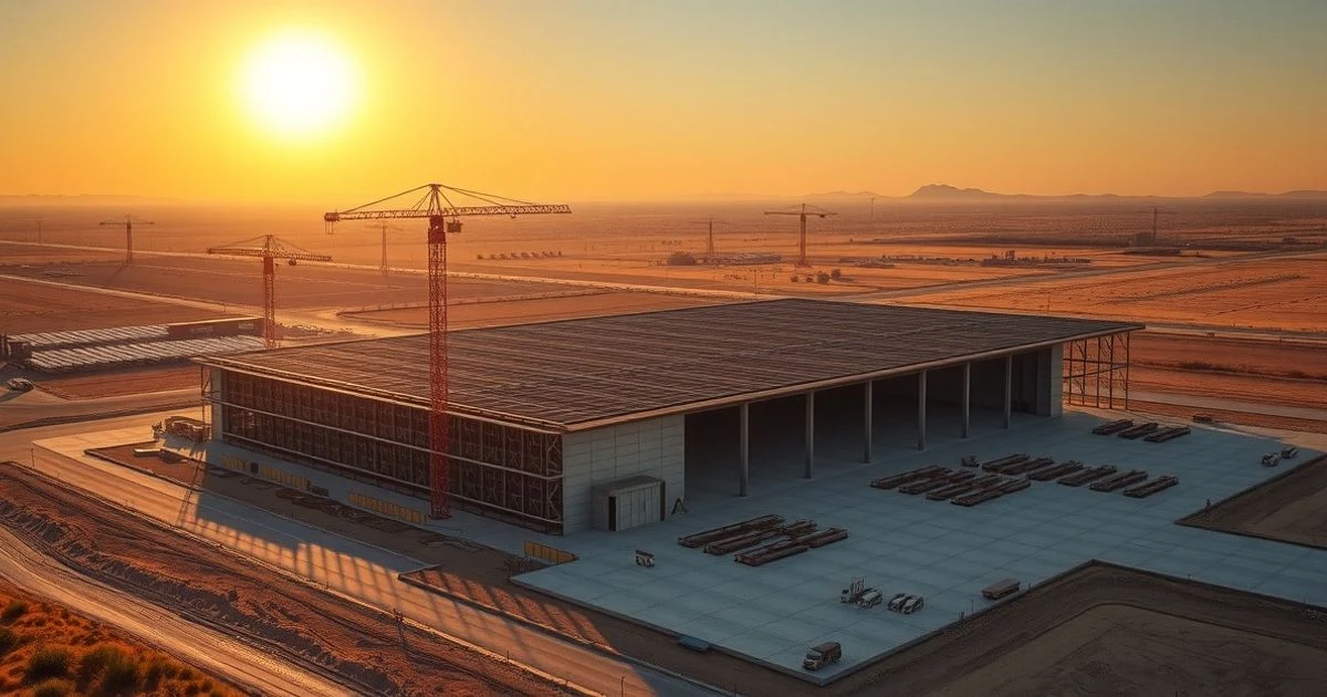 Vista aérea de una gran nave logística en construcción en un paisaje seco al atardecer