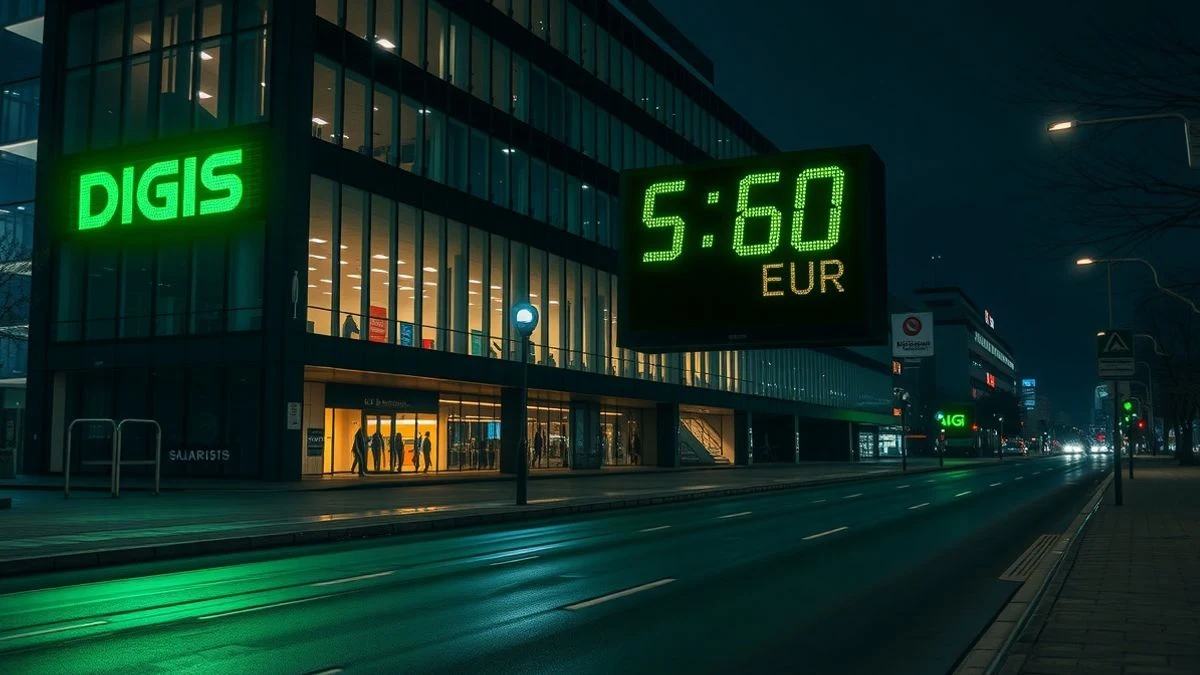 Fachada de un edificio de oficinas con un panel digital que muestra el precio de la acción de Digi Spain