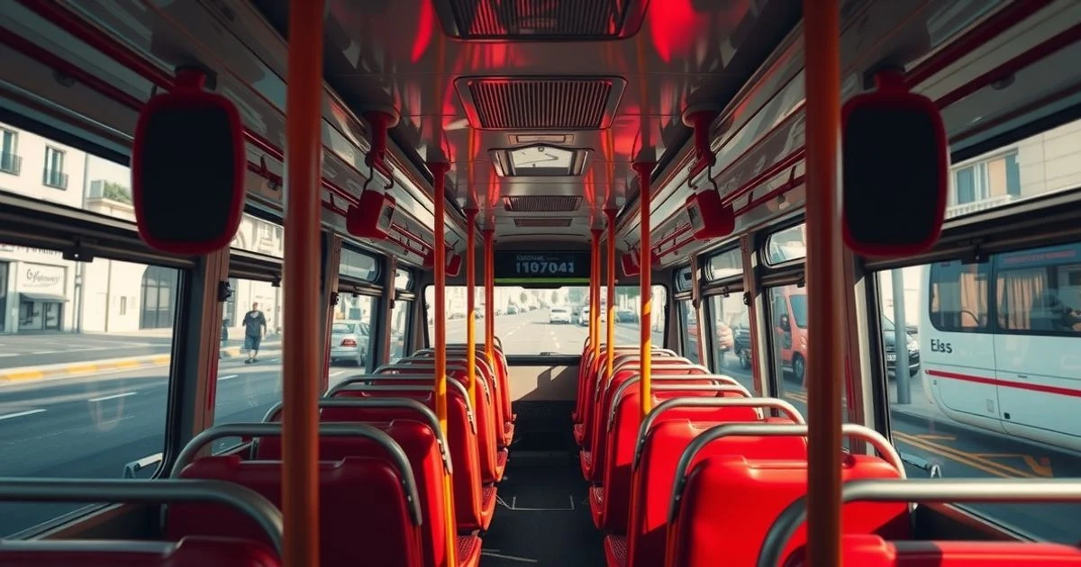 Interior vacío de un autobús urbano de Málaga con asientos rojos y luz natural