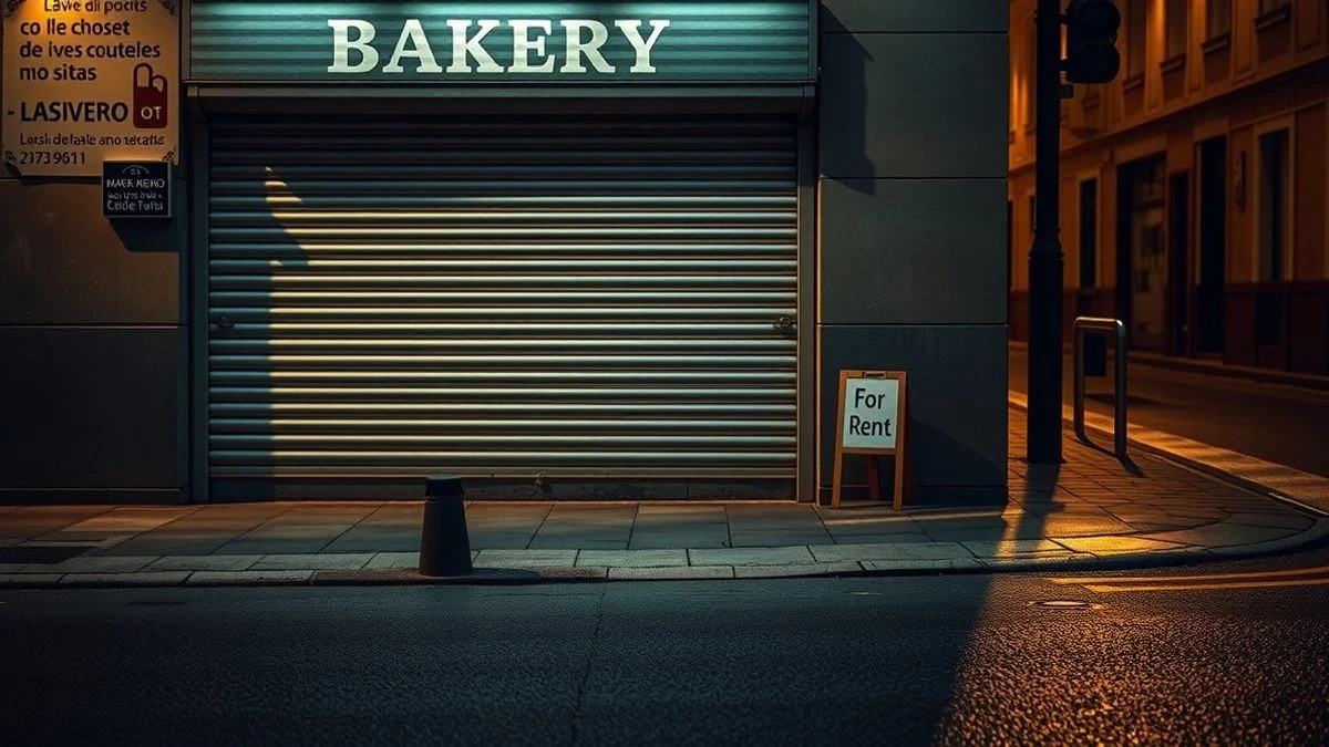 Imagen ilustrativa: una panadería cerrada con la persiana bajada al atardecer, sin marcas visibles.